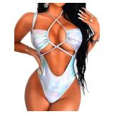 ShawGobow Cutout One Piece Swimsuit,Plunge High Cut Thong Sexy Monokini Bodysuit,Rave Outfit for Women Festival Pool Party Silver Large