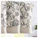 jinchan Linen Floral Valance for Windows Blackout Double Layer Valance Curtain 18 Inch Length for Living Room Bathroom Overlay Botanic Farmhouse Room Darkening 1 Panel Black on Beige