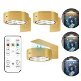 3Pcs Battery Operated Picture Light, Magnetic Led Painting Light with Remote Dimmable and Timer, 3 Lighting Modes Art Display Light for Picture Frame Paintings, Wireless Wall Decor Puck Lights, Gold