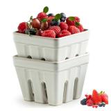 Gomakren Ceramic Berry Basket Set of 2, Square Fruit Bowl with Holes, Small Fruit Basket Containers for Kitchen Counter, Berries, Strawberry, Grape, Cherry, White