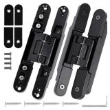 Hidden Door Hinges 2 Pcs - 6 x 2 x 1.2 inch Black Thin Invisible Zinc Alloy Concealed Hinges, 3-Way Adjustable, 180° Swing, for 28-45mm Door Thickness