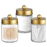 Apothecary Jar Canisters Bathroom Vanity Organizer - Qtip Holder Storage Organizer Countertop -Stainless Steel Lids &Cute Stickers for Qtips,Cotton Swabs,Makeup Sponges,Floss(3 Pack) (Gold)