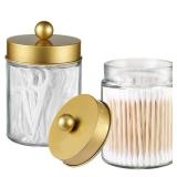Apothecary Jar Canisters Bathroom Vanity Organizer - Qtip Holder Storage Organizer Countertop -Stainless Steel Lids &Cute Stickers for Qtips,Cotton Swabs,Makeup Sponges,Floss(3 Pack) (Gold)