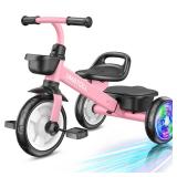 Umatoll Tricycle for Toddlers 2-5 Year Old, Ajustable Toddler Bike Outdoor Toys, Birthday Gift for Girl Age 2-4, Trike with Light up Wheels