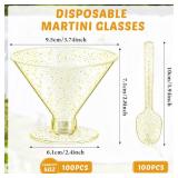 Yinkin Plastic Martini Glasses Disposable Cocktail Glasses Mini Martini Plastic Cups Dessert PVC Shot Unbreakable with Spoons for Weddings Party Wine Food(200 Pcs,Glitter Gold,5 oz)