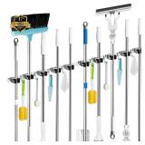 2 Pack Mop and Broom Holder Wall Mount, 5 Racks and 4 Hooks Broom Organizer Storage Tool Racks Stainless Steel Heavy Duty Hooks Self Adhesive Solid Non-slip for Home Kitchen Garden Laundry Garage