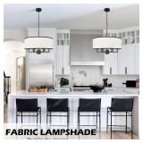 Bagood 23.6 Modern Drum Chandelier White and Black Pendant Light Fixture Round Velvet Fabric Shade Drum Pendant Light 6 Lights Semi Flush Mount Hanging Ceiling Chandelier for Dining Room Bedroom