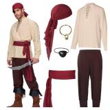 Spooktacular Creations 6 Pcs Men Pirate Costume, Men Renaissance Medieval Viking Pirate Costume with Viking Shirt, Banded Pants, Eye Patch, Bandana,Belt and Earrings for Halloween Cosplay-XL