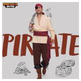 Spooktacular Creations 6 Pcs Men Pirate Costume, Men Renaissance Medieval Viking Pirate Costume with Viking Shirt, Banded Pants, Eye Patch, Bandana,Belt and Earrings for Halloween Cosplay-XL