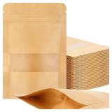 Leelosp 300 Pcs Kraft Bags with Window 4 x 6 Inch Kraft Stand up Paper Bags Reusable Food Storage Pouches Heat Sealable Zipper Sealing Pouches Bulk for Packaging Business(Brown)