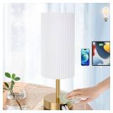 Bedside Lamp with USB port - Touch Control Table Lamp for Bedroom Wood 3 Way Dimmable Nightstand Lamp with Round Pleated Shade for Living Room, Dorm, Home Office (LED Bulb Included) (Pleated)
