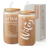 SANDJEST Wife Glass Can, Wifey Cup with Lid, Iced Coffee Aesthetic Cups, Idea Gift for Christmas Marriage Birthday Anniversary Valentine, Gifts for Women, 16oz NO STRAW