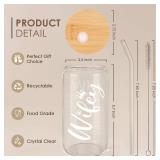 SANDJEST Wife Glass Can, Wifey Cup with Lid, Iced Coffee Aesthetic Cups, Idea Gift for Christmas Marriage Birthday Anniversary Valentine, Gifts for Women, 16oz NO STRAW