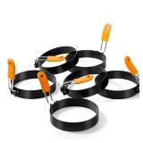 Patelai 6 Pcs Professional Egg Ring Pancake Ring Set Stainless Steel Fried Egg Molds Griddle Pancake Shapers with Orange Silicone Handle for Breakfast Omelette Sandwich(4 Inch)