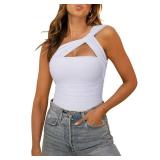 REORIA Womens Sexy One Shoulder Asymmetrical Tank Top Leopard Print Mesh Ruched Sleeveless Backless Trendy Going Out Thong Bodysuits Tops White Large