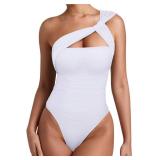 REORIA Womens Sexy One Shoulder Asymmetrical Tank Top Leopard Print Mesh Ruched Sleeveless Backless Trendy Going Out Thong Bodysuits Tops White Large