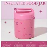 Paris Hilton Stainless Steel Food Jar, Double Wall Vacuum Sealed Insulated Food Storage Container with Carry Handle Lid, 12-Ounce, Pink with Heart Design