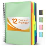 Forvencer 12 Pocket Project Organizer, 1/6-cut Tab Binder Organizer with Sticky Labels, Multi Pocket Folder with Zipper Pouch, Folder Binder Spiral Pocket Notebook, Office Supplies, Antique Green
