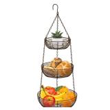 (UNUSED) CAXXA 3-Tier Hanging Basket Fruit Organizer Kitchen Heavy Duty Wire Organizer with 2 Free Bonus Metal Ceiling Hooks(Bronze)
