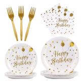 (UNUSED) KFJBPB 96PCS Happy Birthday Plates and Napkins Party Supplies, White and Gold Disposable Paper Plates and Napkins with Forks Tableware Set for Birthday Party Decorations 24 Guests (Birthday W
