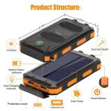 Solar Charger Power Bank, 20000mAh Portable Outdoor Waterproof Solar Battery Charger, Camping External Backup Battery Pack USB C Ports Input/Output, 2 Led Light Flashlight with Compass (Orange) (Power