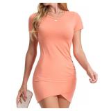 (UNUSED) Short Sleeve T Shirt Dress Crew Neck Bodycon Wrap Ruched Mini Casual Dresses for Women Orange Large