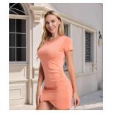 (UNUSED) Short Sleeve T Shirt Dress Crew Neck Bodycon Wrap Ruched Mini Casual Dresses for Women Orange Large