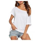 FACTORY SEALED - OQQ Women Short Sleeve One Shoulder Loose Shirts Basic Tee Tops 2025 Casual T-Shirt Going Out Outfits White M