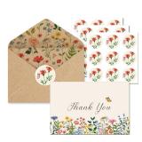 FACTORY SEALED - OXYLIPO Floral Thank You Cards with Envelopes, 24 Pack, 4x6 inches, Wildflower Design, Adhesive Envelopes & Stickers