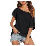 FACTORY SEALED - OQQ Women Short Sleeve One Shoulder Loose Shirts Basic Tee Tops 2025 Casual T-Shirt Going Out Outfits Black