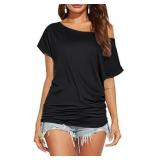 FACTORY SEALED - OQQ Women Short Sleeve One Shoulder Loose Shirts Basic Tee Tops 2025 Casual T-Shirt Going Out Outfits Black