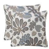 Mika Home Set of 2 Jacquard Tropical Leaf Pattern Throw Pillow Covers Decorative Pillowcase 20X20 Inches,Blue Cream