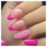 FACTORY SEALED - 24Pcs Pink French Tip Press on Nails Medium Almond Fake Nails Glitter Design False Nails Acrylic Artificial Nails Glossy Glue on Nails Full Cover Stick on Nails for Women Manicure Dec