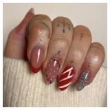 FACTORY SEALED - Christmas Press on Nails Short Almond Shape Fake Nails Red French Tips Candy White Stripe Stick on Nails Winter Glitter Silver Full Cover Glossy Acrylic False Nails for Women Girls Da