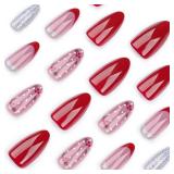 FACTORY SEALED - Christmas Press on Nails Short Almond Shape Fake Nails Red French Tips Candy White Stripe Stick on Nails Winter Glitter Silver Full Cover Glossy Acrylic False Nails for Women Girls Da