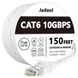 Cat 6 Ethernet Cable 150ft (45.72m), Outdoor & Indoor, 10Gbps Support Cat 8 Cat 7 Network, Long Flat Internet Lan Patch Cord, Cat6 High Speed Weatherproof Cable for Router, Modem, Switch, White - Reta