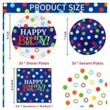 DYLIVeS Colorful Dots Birthday Party Plates and Napkins Set, Blue and Rainbow Polka Dots Birthday Party Decorations Disposable Tableware Set Rainbow Dots Birthday Party Supplies for boys men, Serve 50