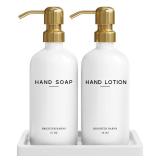 Luxury Glass Soap and Lotion Dispenser Set with Tray by Brighter Barns - Hand Soap Dispenser Bathroom Set & Stainless Steel Pump for Home or Airbnb - White and Gold Bathroom Accessories & Decor (Gold)