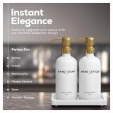 Luxury Glass Soap and Lotion Dispenser Set with Tray by Brighter Barns - Hand Soap Dispenser Bathroom Set & Stainless Steel Pump for Home or Airbnb - White and Gold Bathroom Accessories & Decor (Gold)