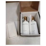 Luxury Glass Soap and Lotion Dispenser Set with Tray by Brighter Barns - Hand Soap Dispenser Bathroom Set & Stainless Steel Pump for Home or Airbnb - White and Gold Bathroom Accessories & Decor (Gold)