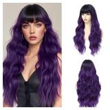 Long Purple Wavy Wig With Bangs for Women 26 Inch Curly Wavy Wig With Bangs Natural Looking Synthetic Heat Resistant Fiber Wig for Daily Party Use