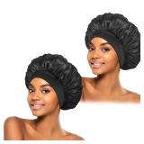ZHENSILK 2Pcs Silk Bonnet for Sleeping, Satin Hair Bonnets, Soft Elastic Band Silk Sleep Cap, Hair Wrap for Women(Black)
