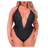 Plus Size Lingerie for Women Sexy Lace Teddy Bodysuit Underwear Black One Piece V-Neck Nightwear (Black, 3XL)