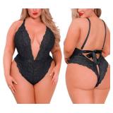 Plus Size Lingerie for Women Sexy Lace Teddy Bodysuit Underwear Black One Piece V-Neck Nightwear (Black, 3XL)