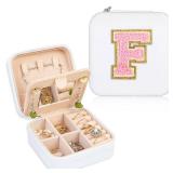 FUNARTY Travel Jewelry Case Organizer, Gifts for Women Girls, Small Jewelry Box Jewelry Organizer, Earring Jewelry Organizer Box with Mirror, White Travel Essentials Initial F