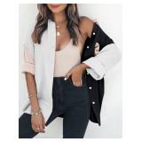 Dokotoo Fall Clothes Teacher Outfits for Women Color Block Button Up Shirts for Women Comfy Roll Up Long Sleeve Turn Down Collar Soft Oversized Boyfriend Summer Tops Outerwear Blouse Office Black L