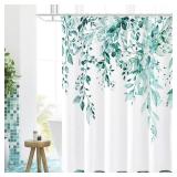Gibelle Teal Eucalyptus Shower Curtain, Watercolor Plant Leaves With Floral Bathroom Shower Curtain Set With Hooks, 72x72