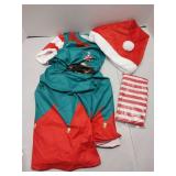 Complete Christmas Elf Costume with Santa Hat and Striped Socks. Size M