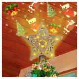 APPEARS NEW - RNSSEZ Christmas Tree Topper Lighted with Snowflake Projector, LED Rotating 3D Glitter Tree Topper for Christmas Tree, Christmas Decorations Lights (Golden Star Tree Toppers)