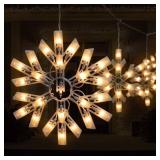 APPEARS NEW - Snowflake Christmas String Lights with 6 Drops - 9ft 100 Mini Bulb Icicle Lights with Hooks, Plug-in Connectable Hanging Lights for Christmas Home Indoor Outdoor Party Wedding Holiday D